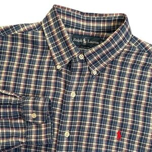 VTG 90s Ralph Lauren Plaid Flannel Button Down Shirt Custom Fit Blue Red Large